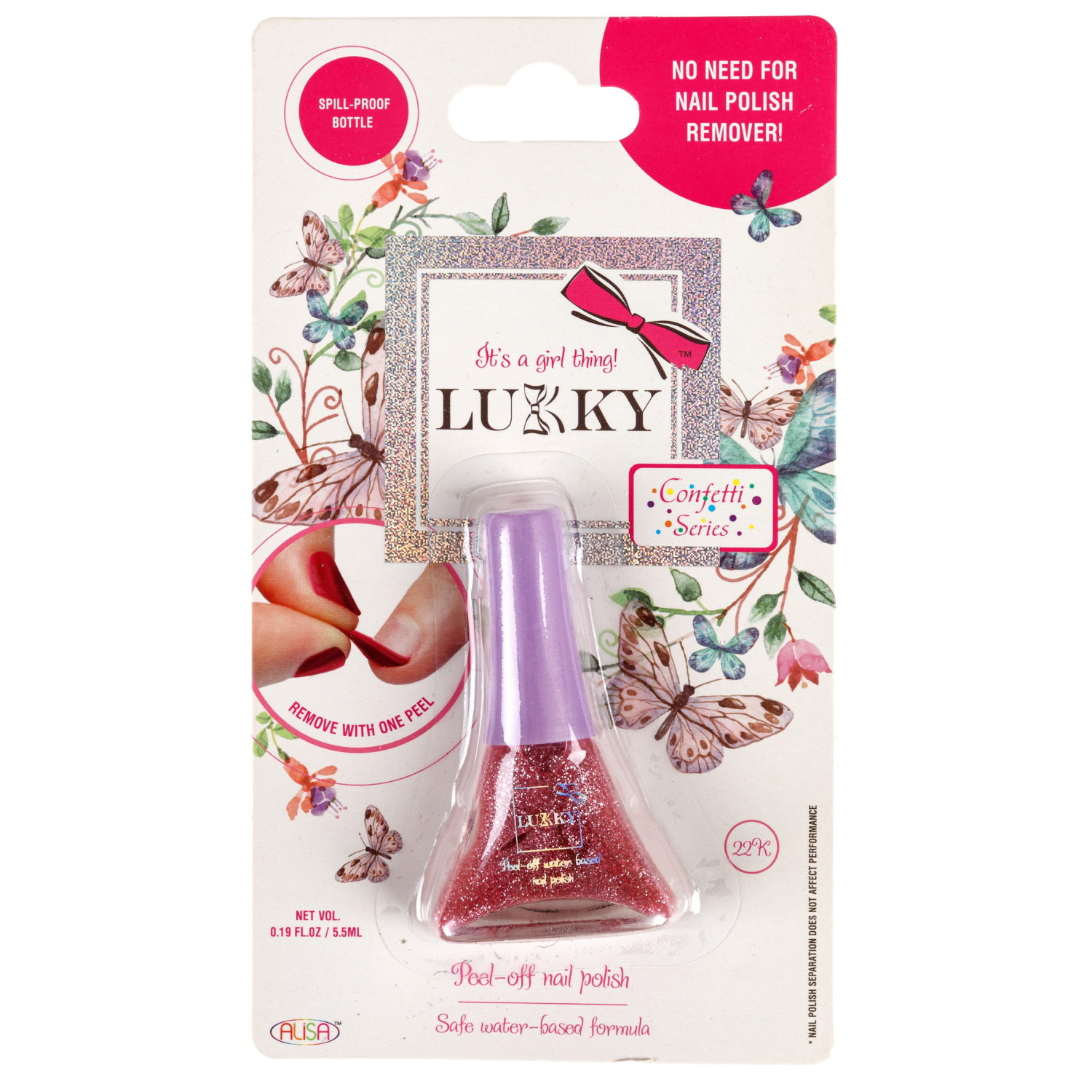 Детский лак для ногтей на водной основе с блестками Lukky, Конфетти, безопасный, цвет 22К, сиреневый, блистер, 5,5 мл