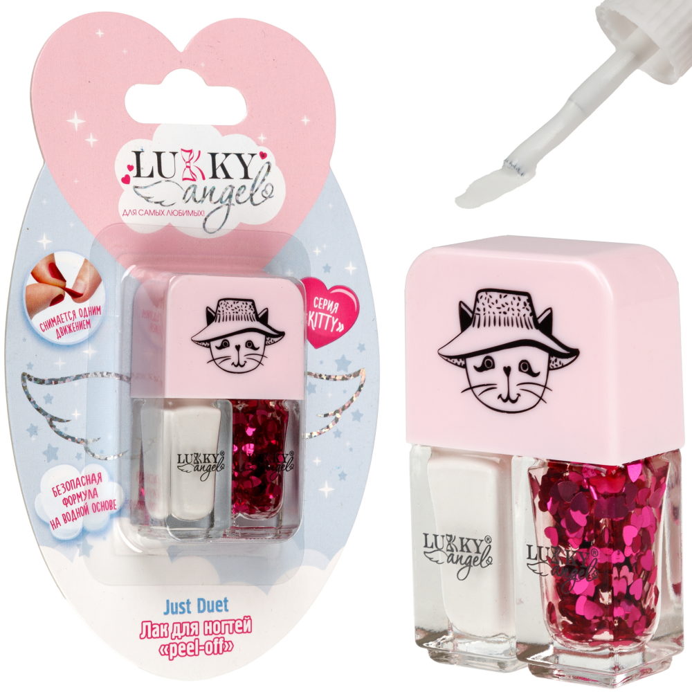 Двойной лак для детских ногтей Lukky Angel Just Duet серебряный металлик и красный с блестками, 2 по 4 мл