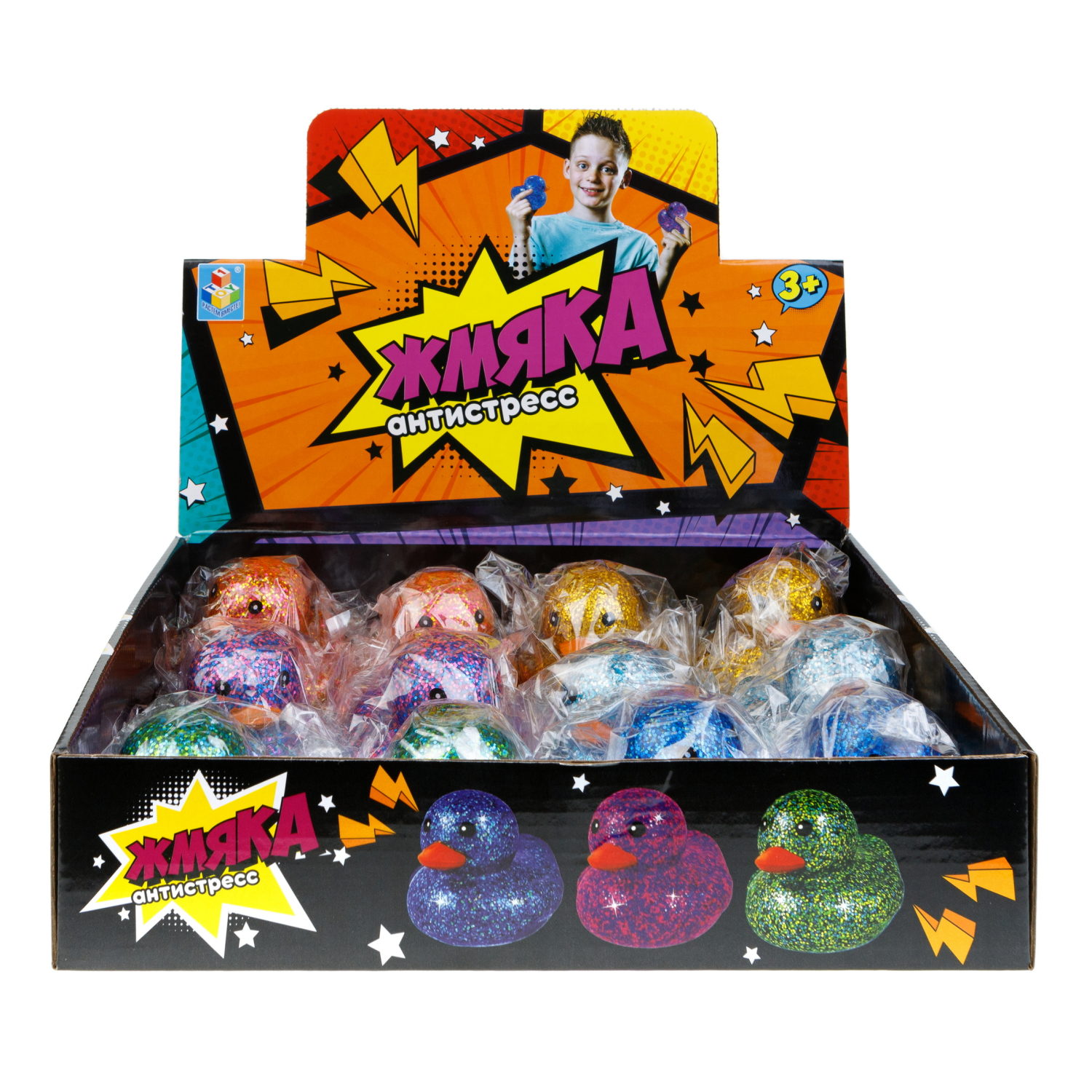 1toy Жмяка-антистресс "Уточка" с блёстками 8х7,2х6,5 см, 6 видов в асс., 12 шт. в д/б