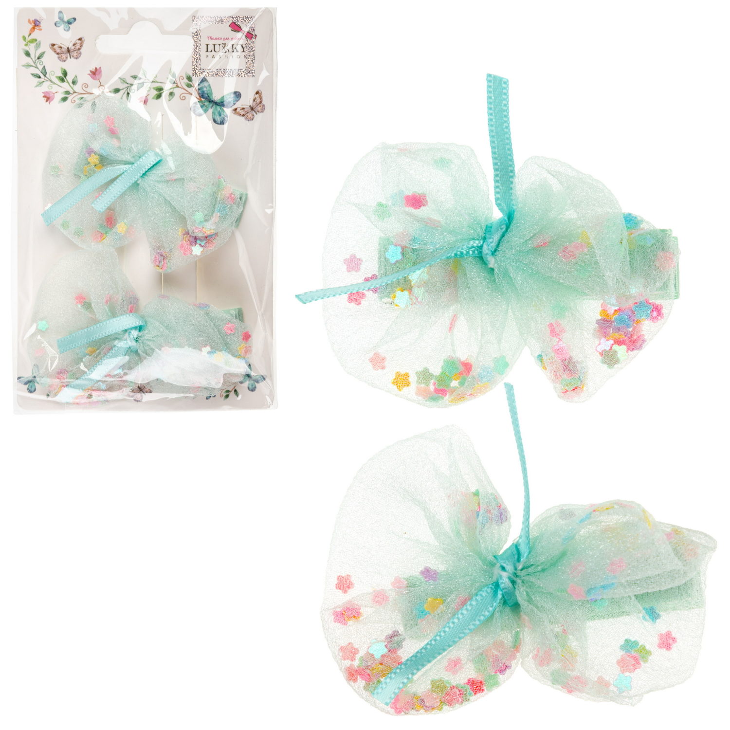 Заколки для волос Lukky Fashion Бантики с блестящей насыпкой, детские, для девочки, зажимы, 4 цвета в ассортименте, набор 2 шт.