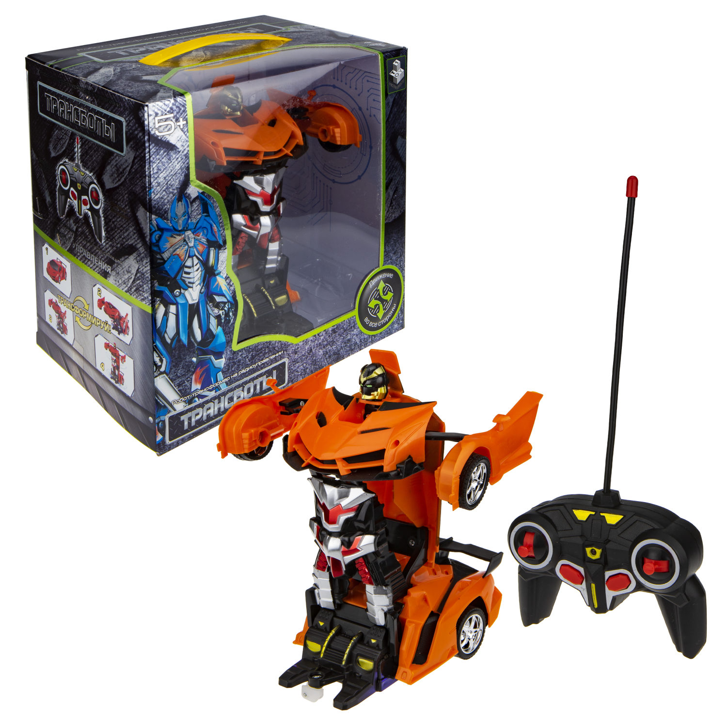1TOY Трансботы, 1:18 на р/у 27МГц, трансформирующийся в легковую машину 20 см, 2 цвета оранжевый, красный
