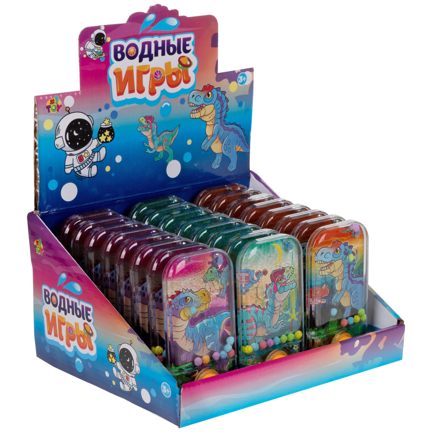 1TOY Игра с водой забрось мячики динозавры, 3 вида в ассортименте