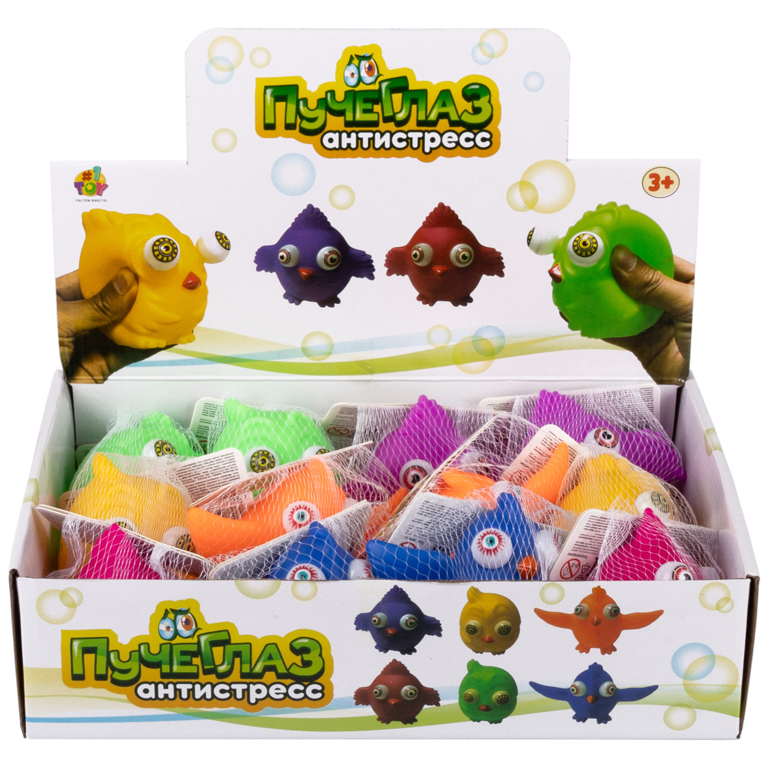 1TOY Пучеглаз-антистресс "Птицы" 7х6x5 см, 6 цветов в ассортименте