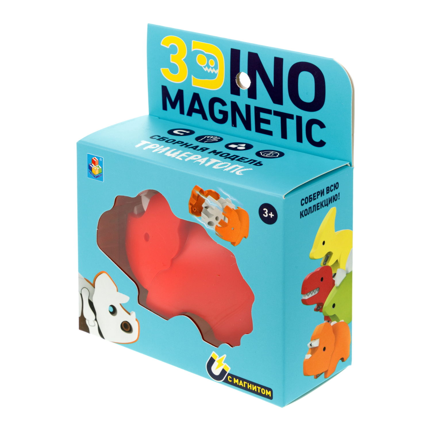 Игрушка динозавр 1TOY 3Dino Magnetic Трицератопс, сборный, с магнитом, для развития моторики и сил рук, цвет в ассортименте