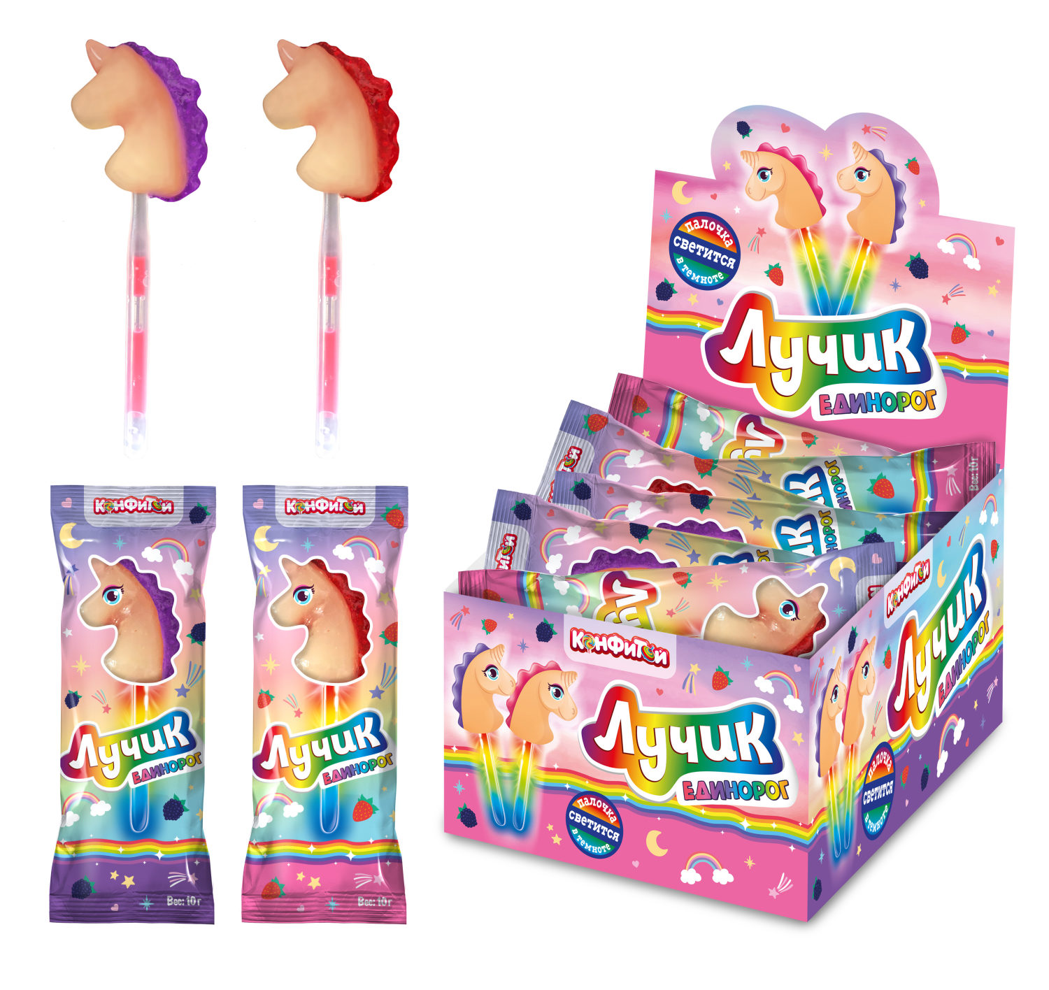 ЛУЧИК Единорог карамель на светящейся палочке, блок 30 шт. (10г х 30 х 24)