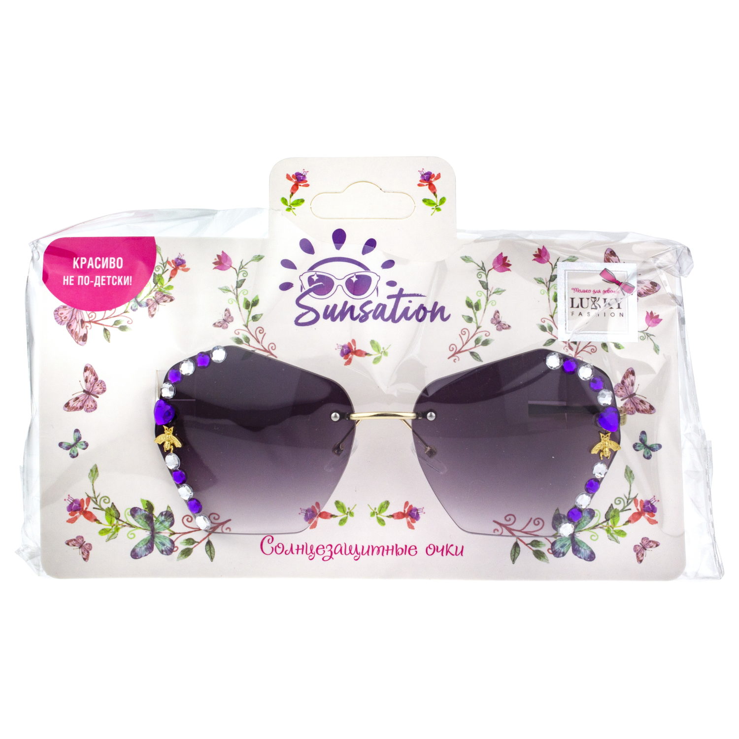 Солнцезащитные очки Lukky Fashion с бело-фиолетовыми стразами