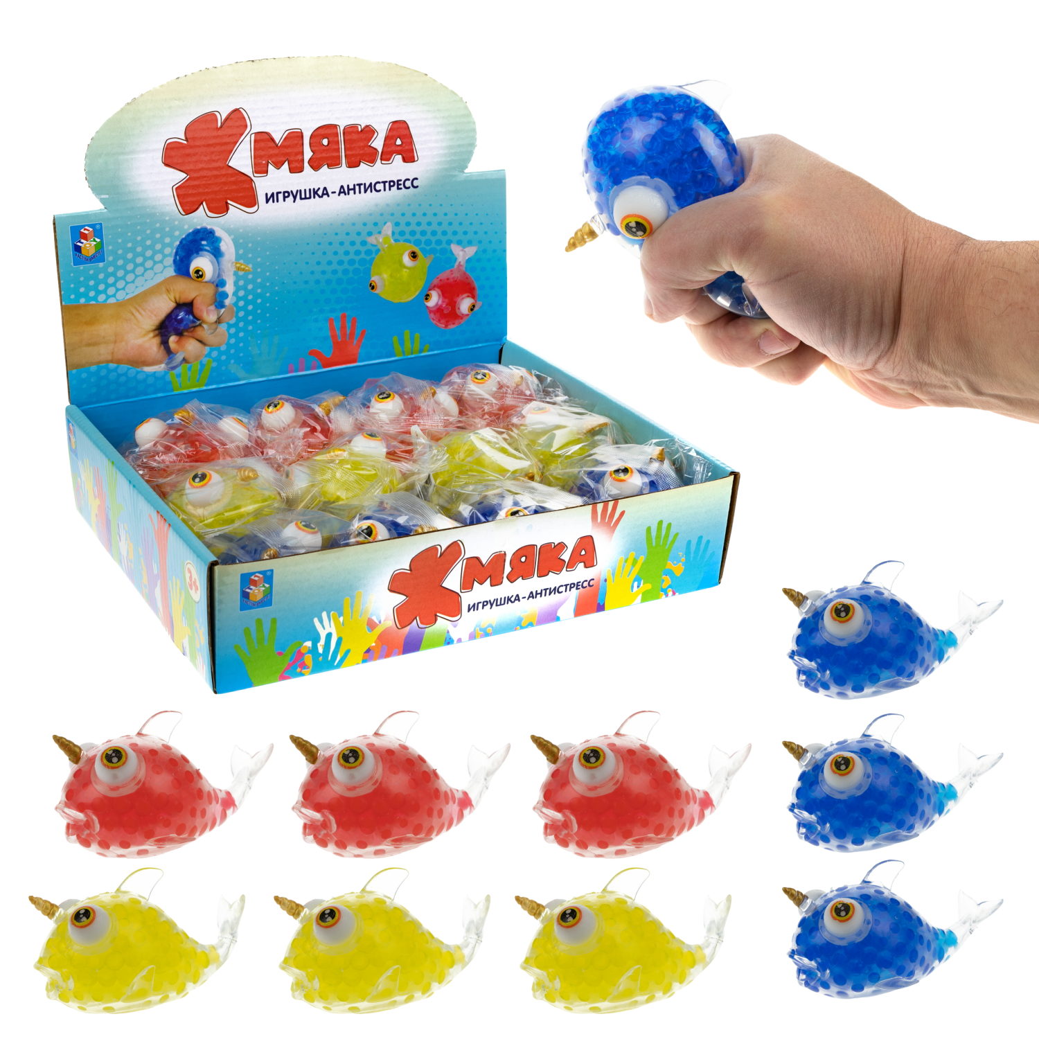 1toy Жмяка нарвал с шариками 11х6 см, 3 вида, 12 шт. в д/б