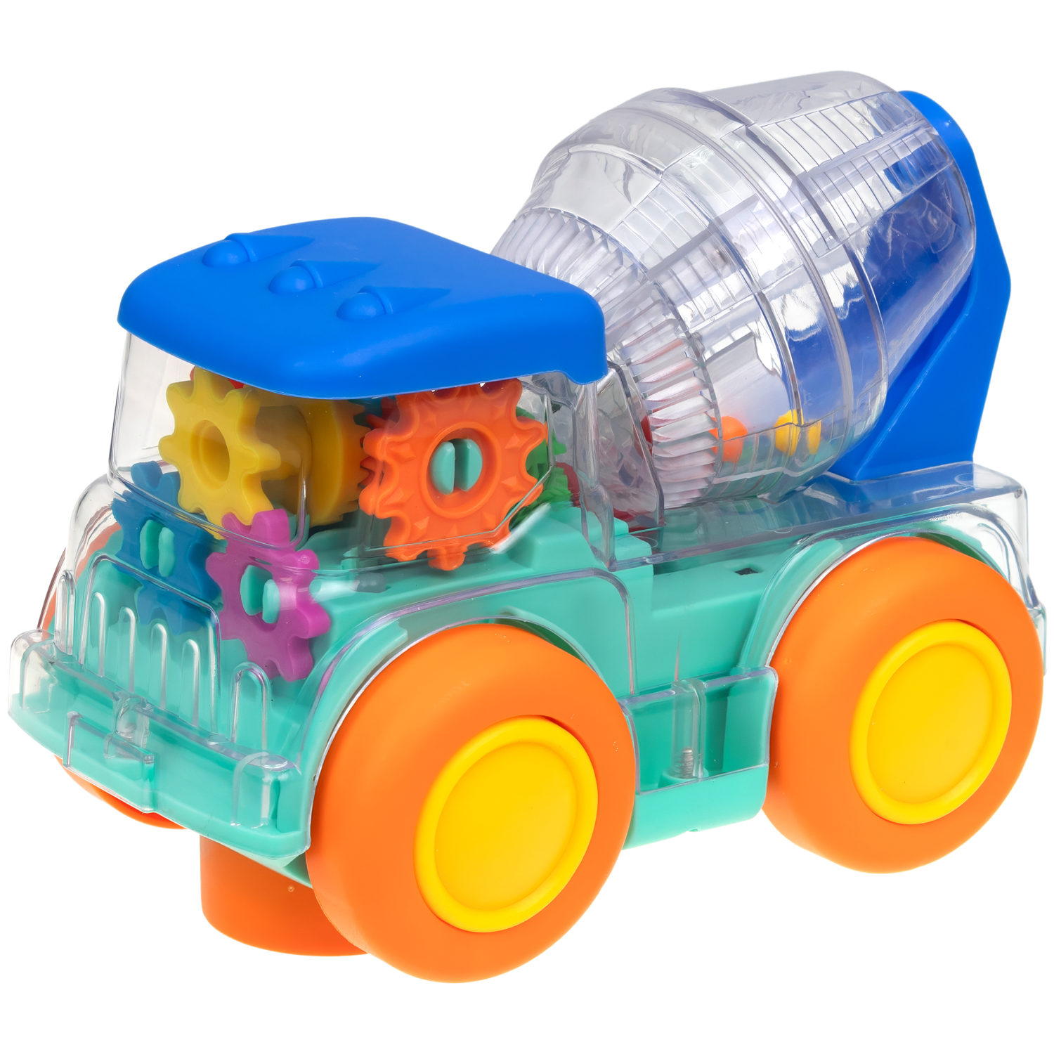 Машинка 1TOY Движок «Бетономешалка», спецтехника, прозрачная с шестеренками, со светом и звуком, 1 шт.