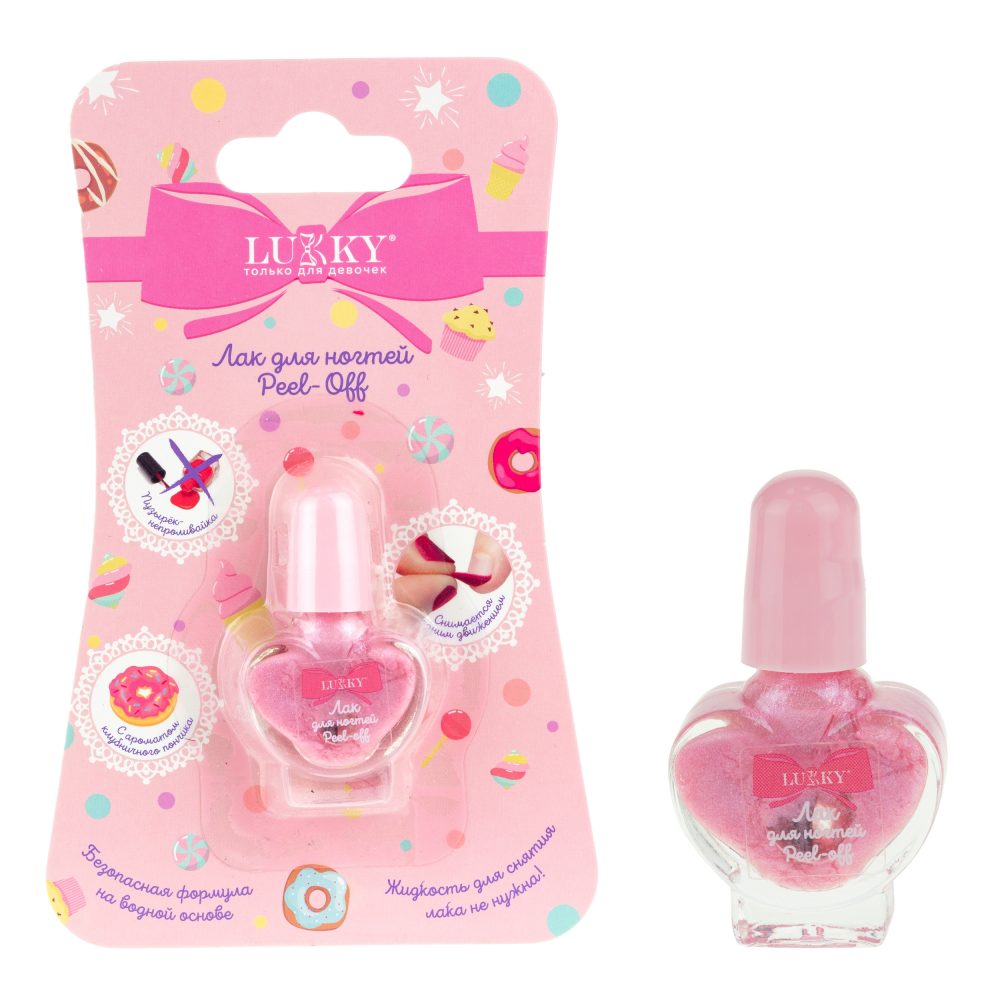 Lukky Лак для ногтей peel-off перламутровый с ароматом клубничного пончика, флакон в виде сердечка 5 мл, цвет светло розово-сиреневый, блистер