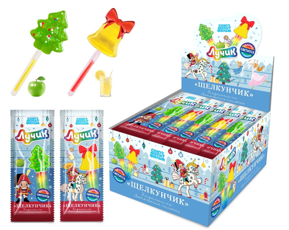 ЩЕЛКУНЧИК Лучик карамель на светящейся палочке (ёлочка, колокольчик), блок 30 шт. (10г х 30 х 24)