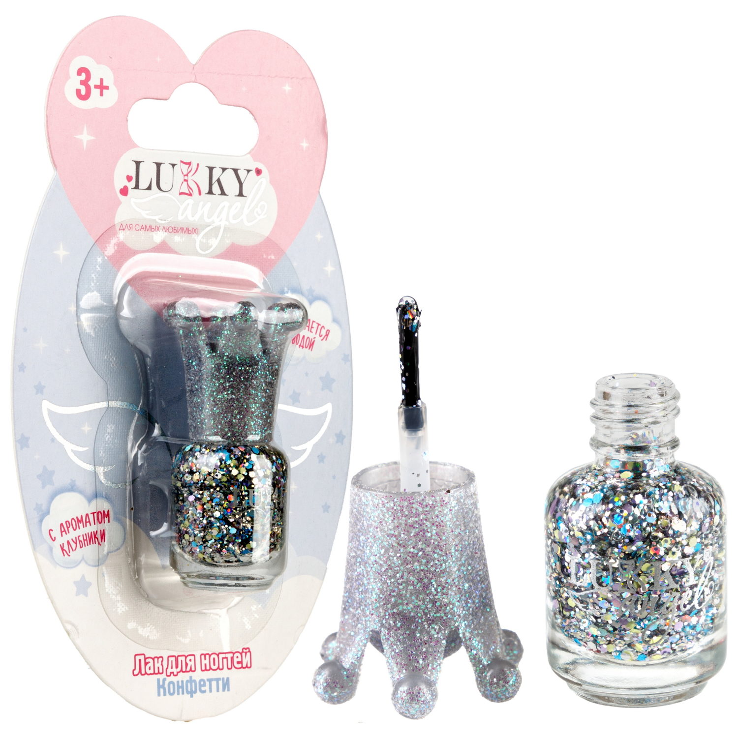 Lukky Angel Лак для ногтей Конфетти, смываемый водой, цвет белый с блестками, с ароматом клубники, 5 ml, блистер