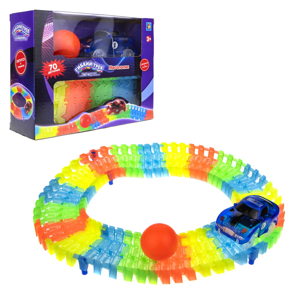 Игровой набор 1TOY Гибкий трек "Мегаполис", 70 деталей, дорога светитсяв темноте