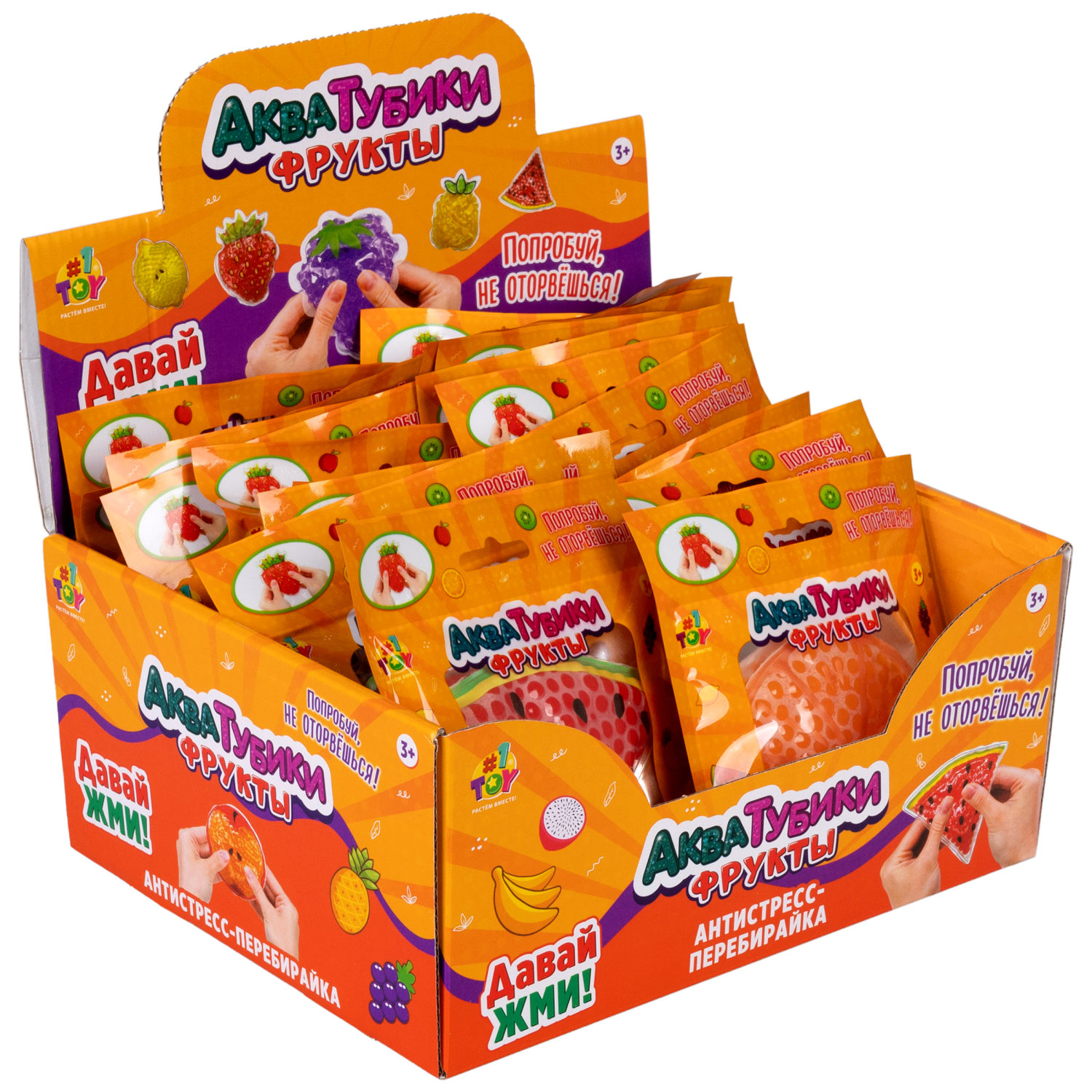Акватубики переливайка 1TOY «Фрукты» скользун с водой внутри, антистресс для рук, жмякалка, 10 видов в ассортименте