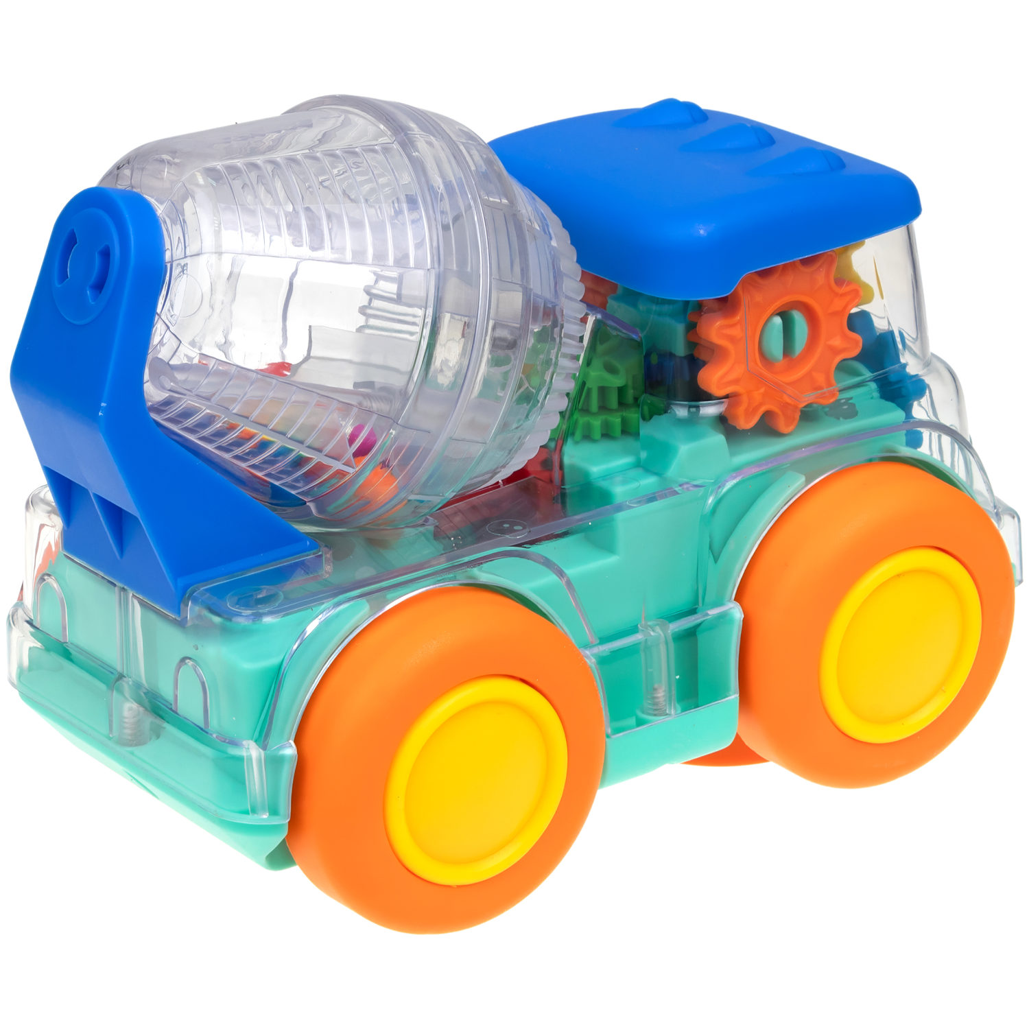 Машинка 1TOY Движок «Бетономешалка», спецтехника, прозрачная с шестеренками, со светом и звуком, 1 шт.