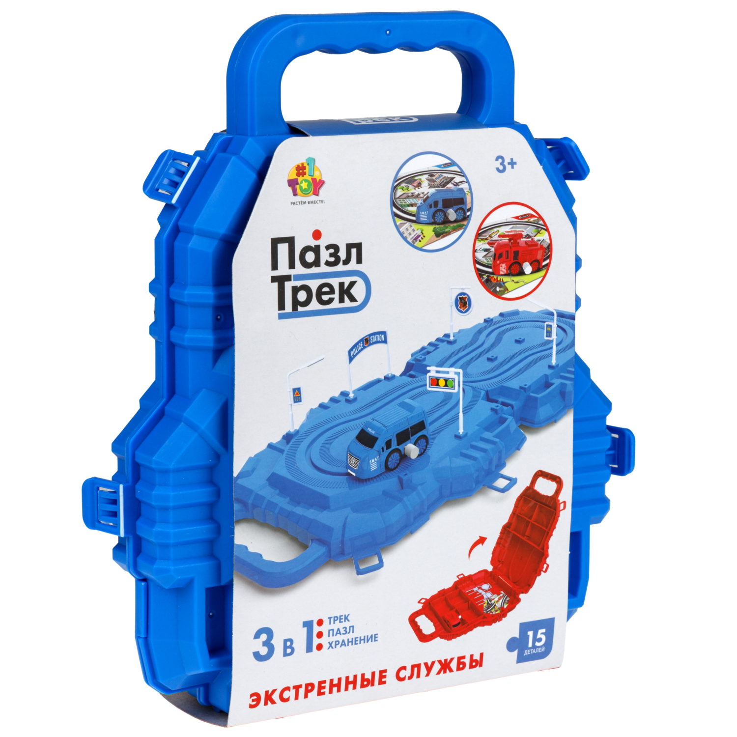 1toy игровой набор пазл-трек "Экстренные службы" с машинкой, 2 вида, в контейнере, 15 деталей