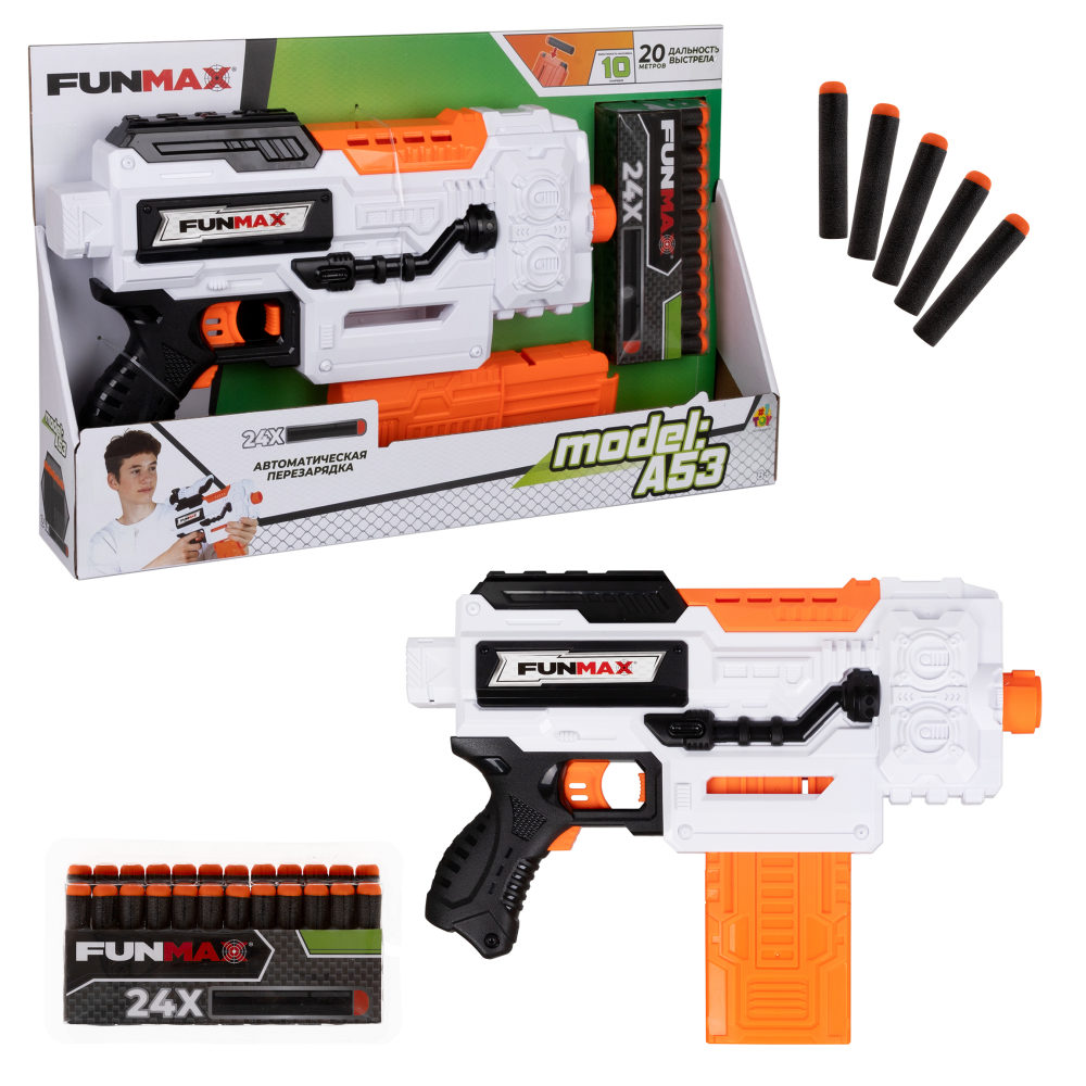 1toy Funmax "A53" бластер электромеханический, обойма на 12 выстрелов, в комплекте 24 EVA снаряда.