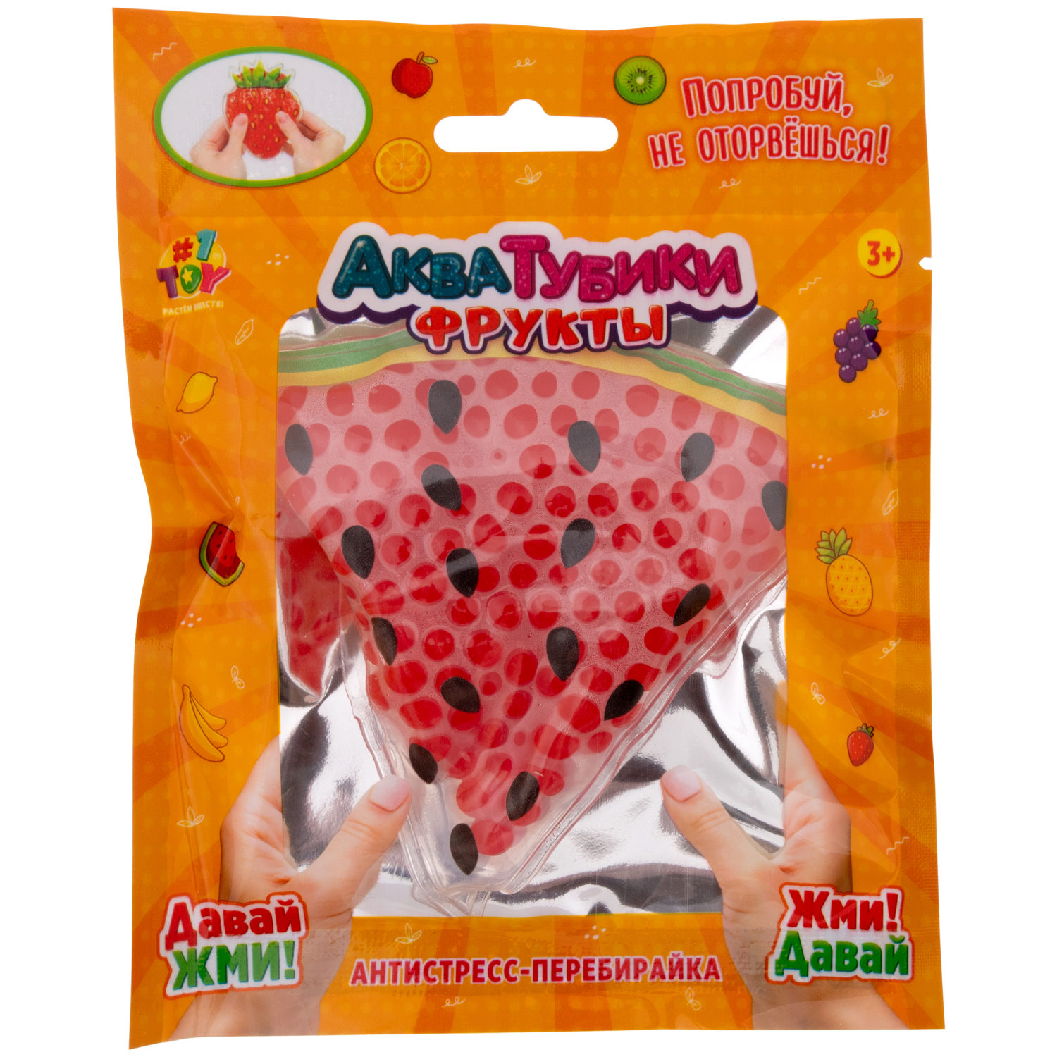 Акватубики переливайка 1TOY «Фрукты» скользун с водой внутри, антистресс для рук, жмякалка, 10 видов в ассортименте