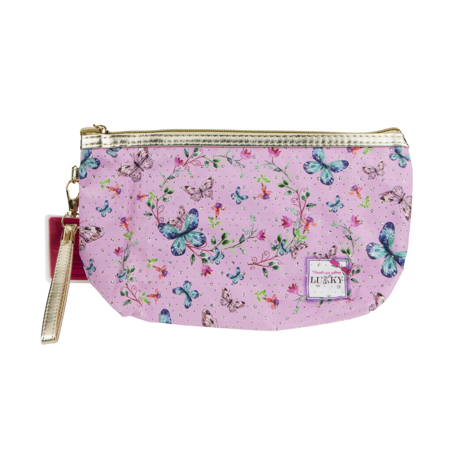 Косметичка LUKKY розовая с принтом и блёстками, 24х7 см