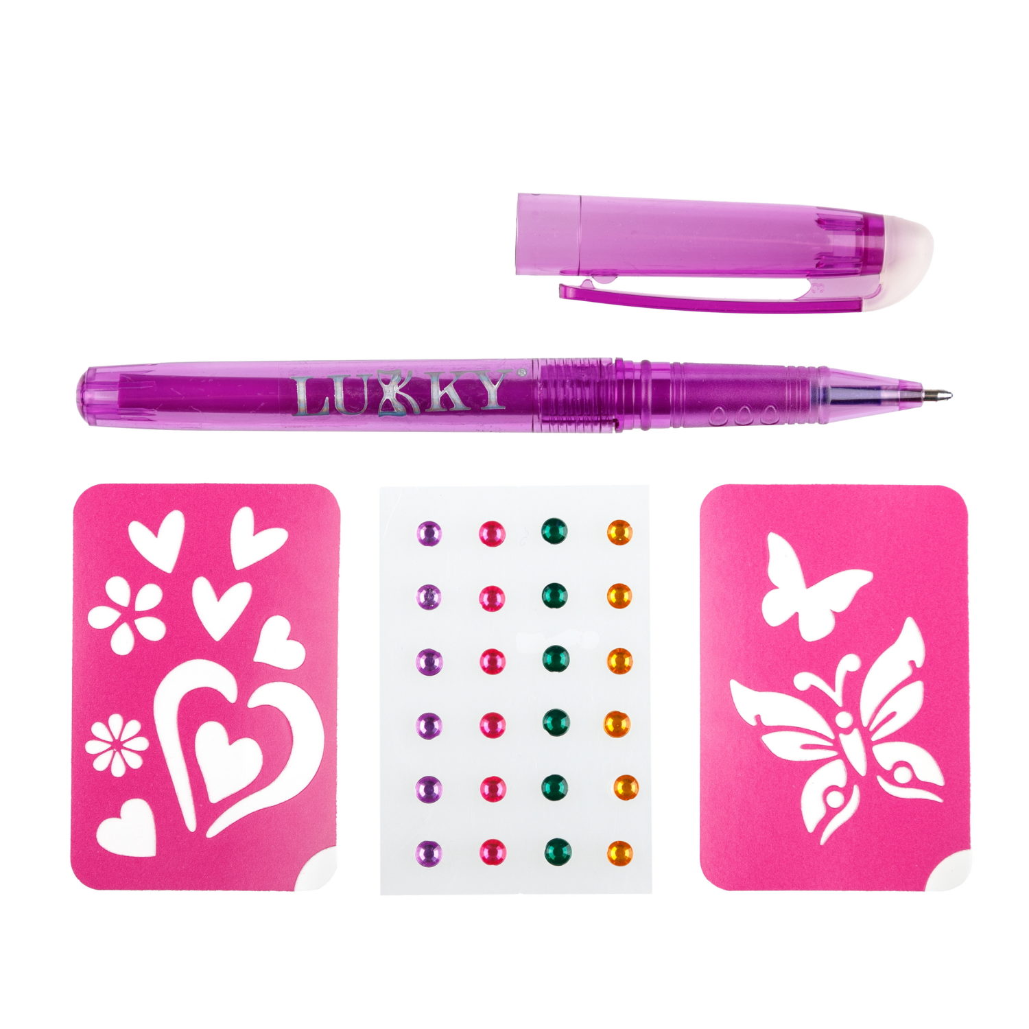 Lukky"Дизайнер-Сет" #4 набор для боди-арта с 1 тату ручкой, трафаретами, стразами для лица и тела, цвет фиолетовый,блистер
