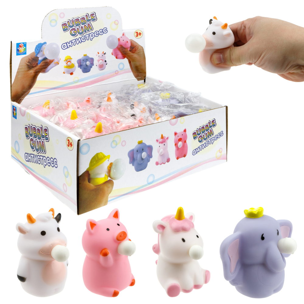 1toy Bubble Gum-антистресс "Животные" 6,5х6,5х5 см, 4 вида в асс., 12 шт. в д/б