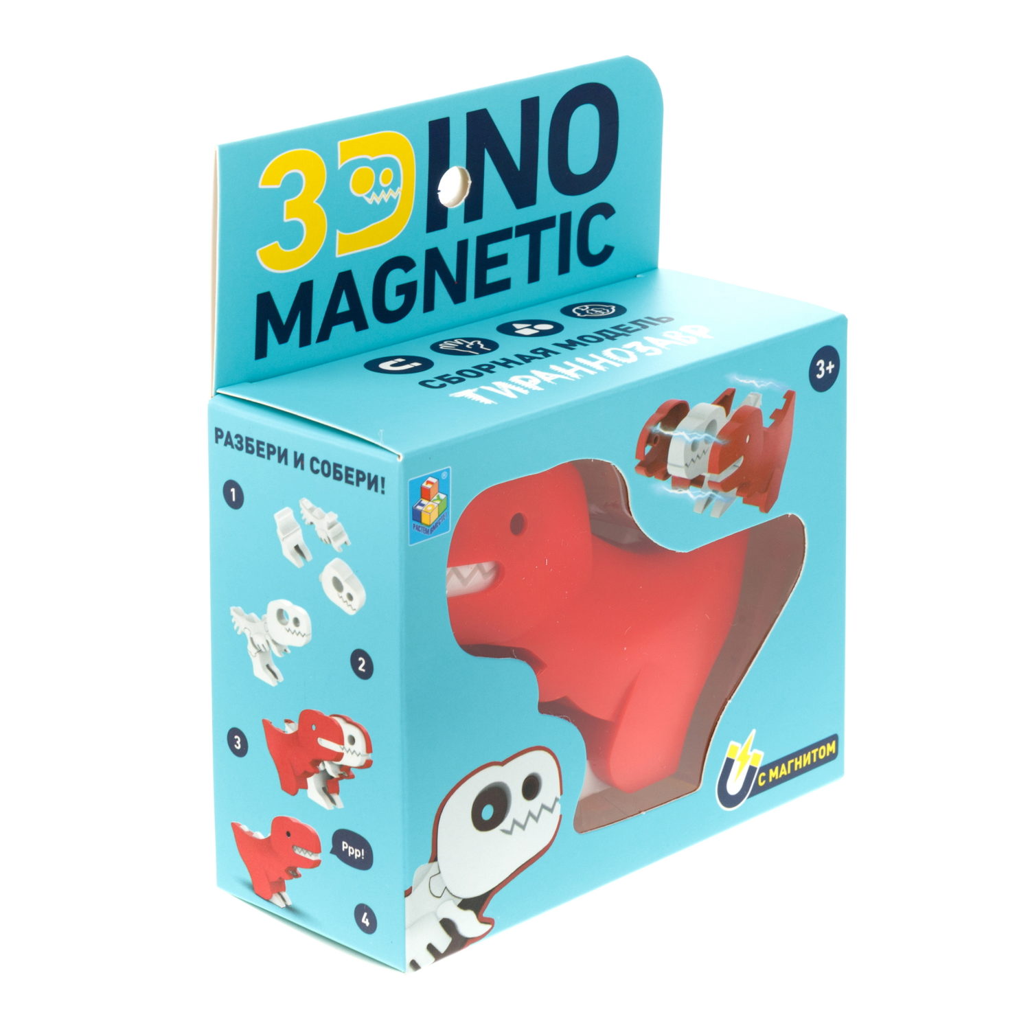 Игрушка динозавр 1TOY 3Dino Magnetic Тираннозавр, сборный, с магнитом, для развития моторики и сил рук, цвет красный
