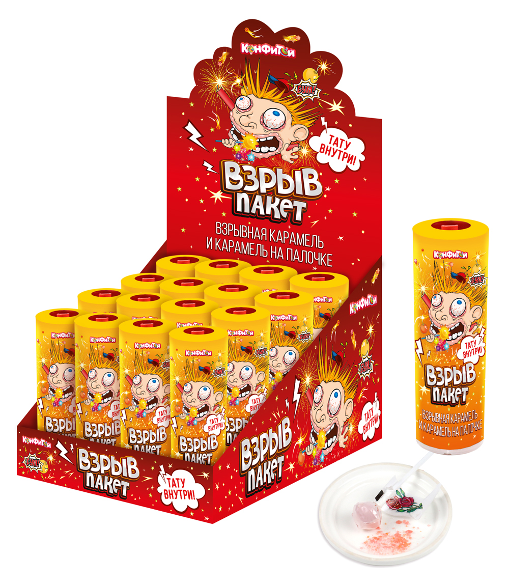 Взрывная карамель и карамель на палочке с тату Конфитой Взрыв Пакет, блок 24 шт (7г х 24 х 12)