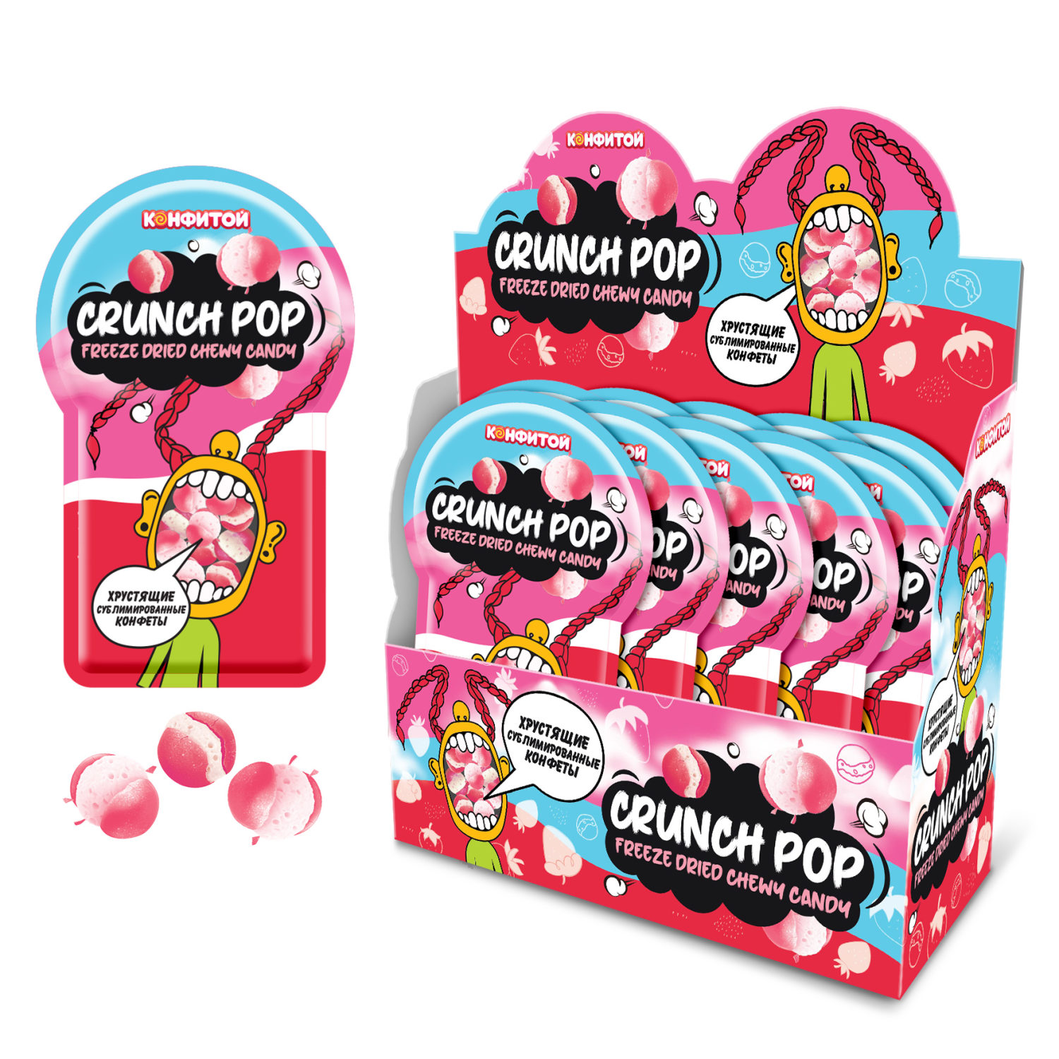 CRUNCH POP сублимированные жевательные конфеты со вкусом клубники со сливками, блок 24 шт. (10г х 24 х 12)
