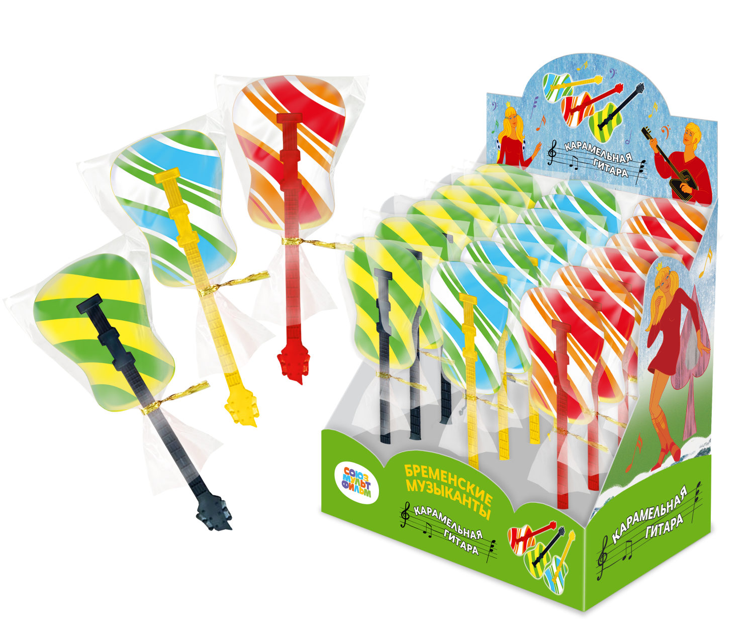 БРЕМЕНСКИЕ МУЗЫКАНТЫ карамельная гитара, блок 12 шт. (30г х 12 х 12)