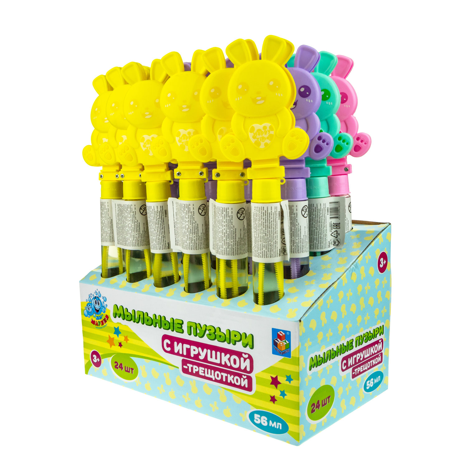 Мыльные пузыри с игрушкой-трещоткой 1TOY Мы-шарики! Зайка, 56 мл, 4 цвета в ассортименте