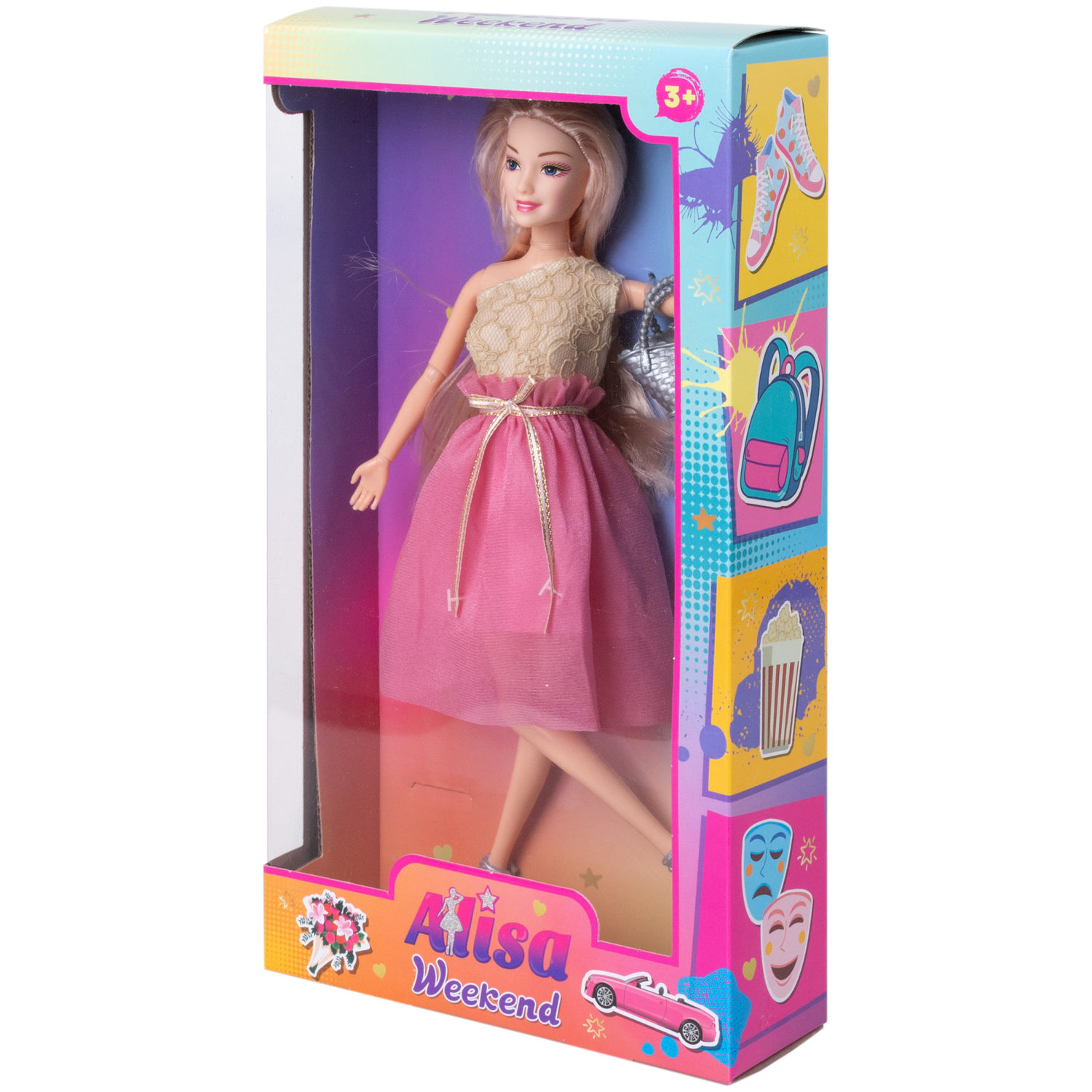 Кукла Alisa Weekend в розовом платье, с аксессурами: сумочкой, цветами, 29 см