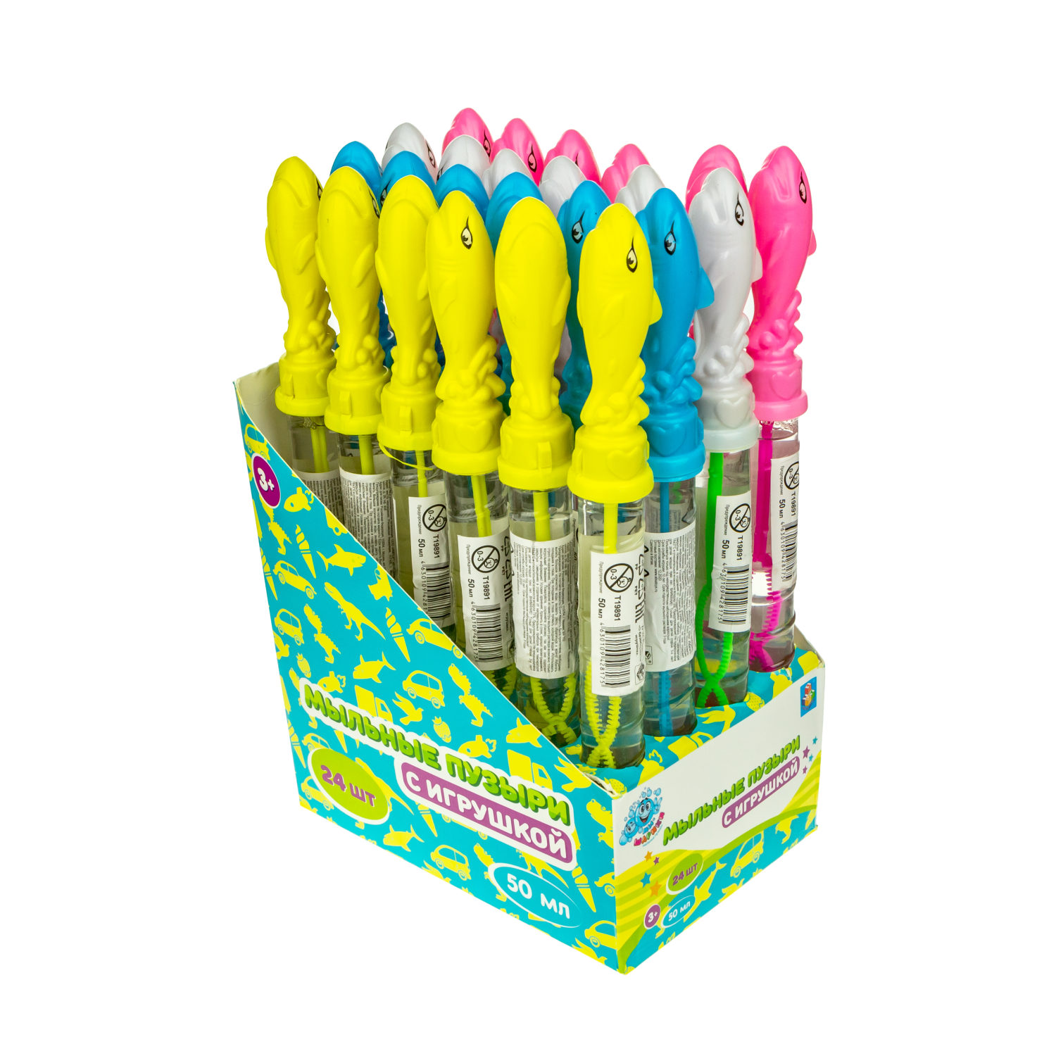 Мыльные пузыри с игрушкой 1TOY Мы-шарики! Акула, 50 мл, 4 цвета в ассортименте