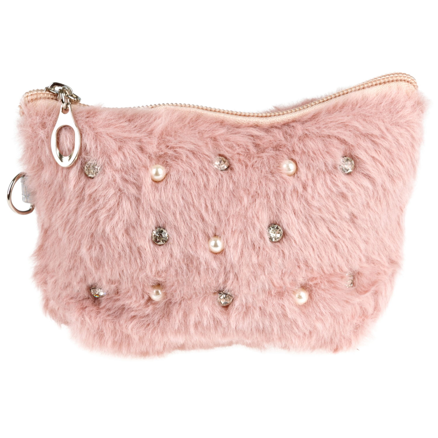 Косметичка плюшевая Lukky Diamond со стразами и жемчужинами, розовая,10*15 см