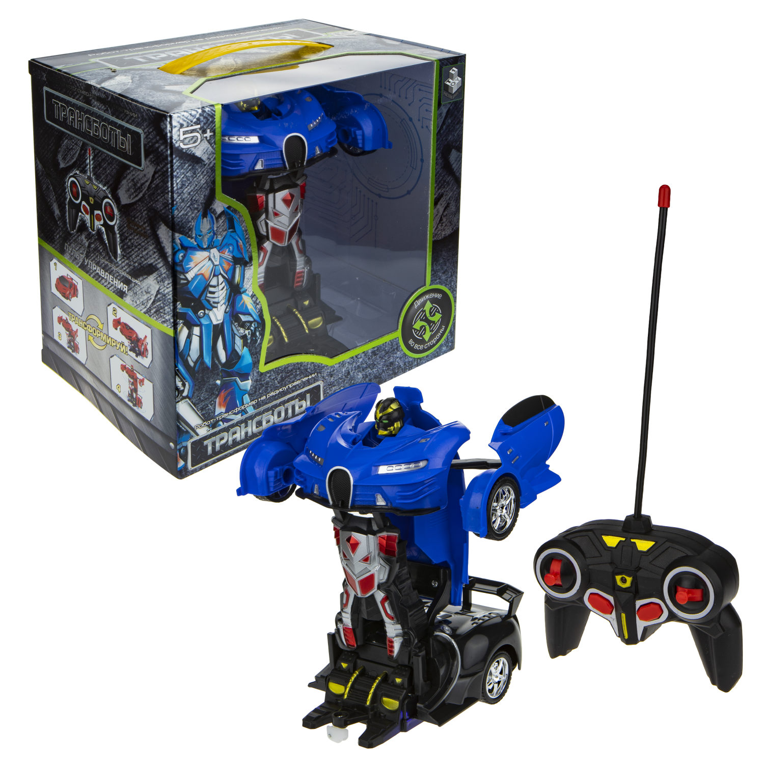 1TOY Трансботы, 1:18 на р/у 27МГц, трансформирующийся в легковую машину 20 см,, 2 цветра синий, красно-черный