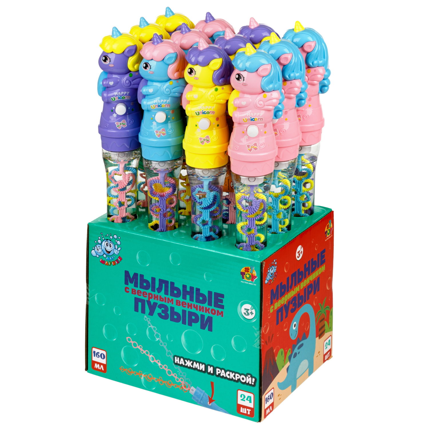 Мыльные пузыри 1TOY Мы-шарики! Единорог с веерным венчиком, 160 мл, 3 цвета в ассортименте