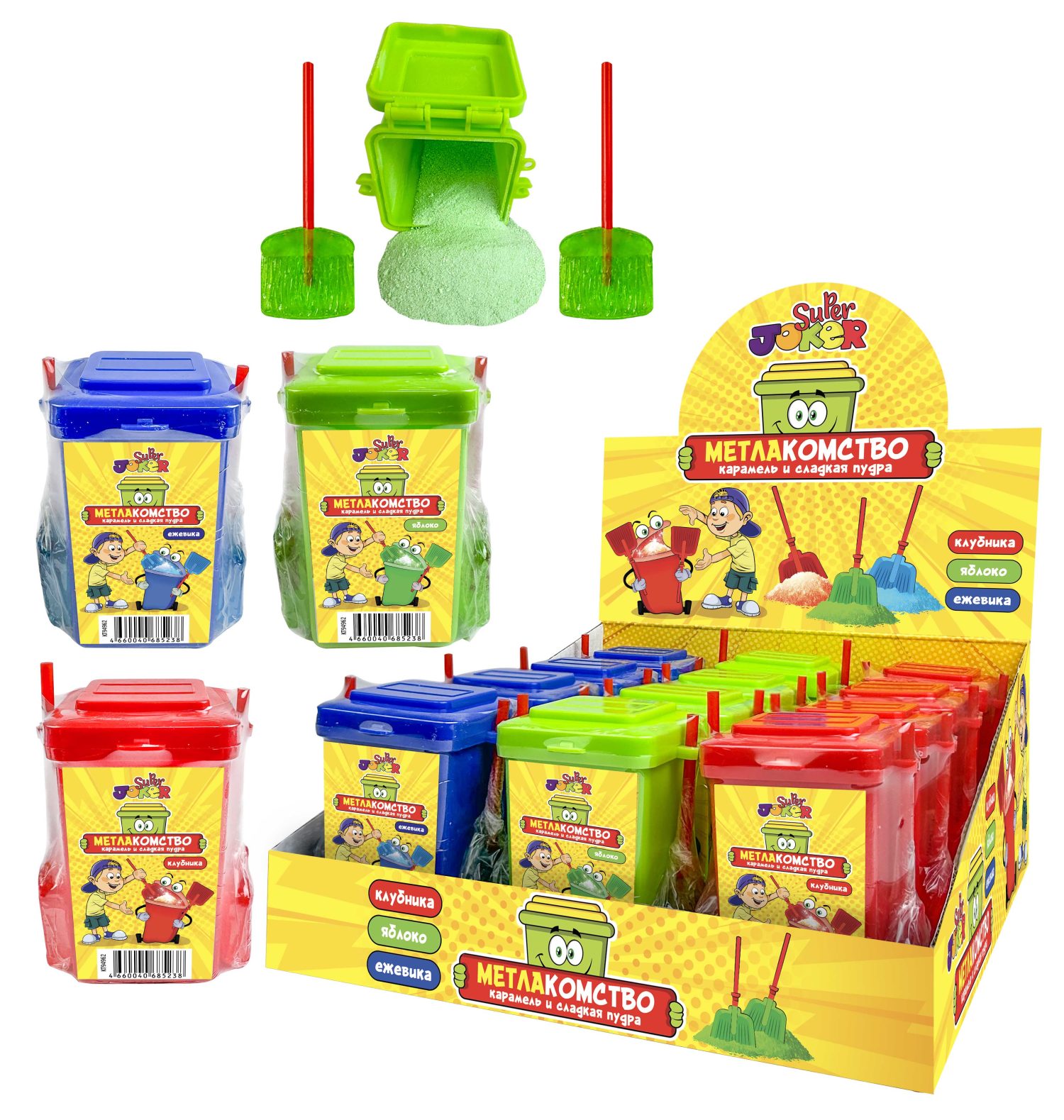 SUPER JOKER Метлакомство карамель на палочке (2 шт) и сладкая пудра, блок 12 шт. (40г х 12 х 12)