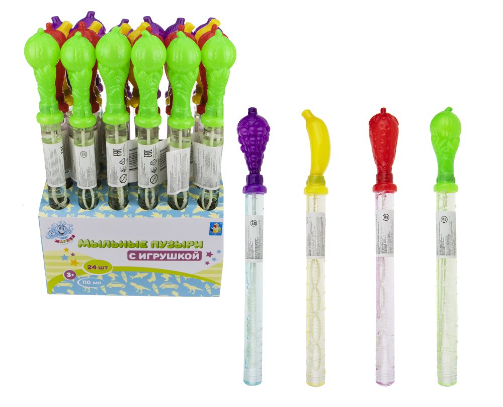 Мыльные пузыри с игрушкой 1TOY Мы-шарики! Фрукты, 110 мл, 4 цвета в ассортименте