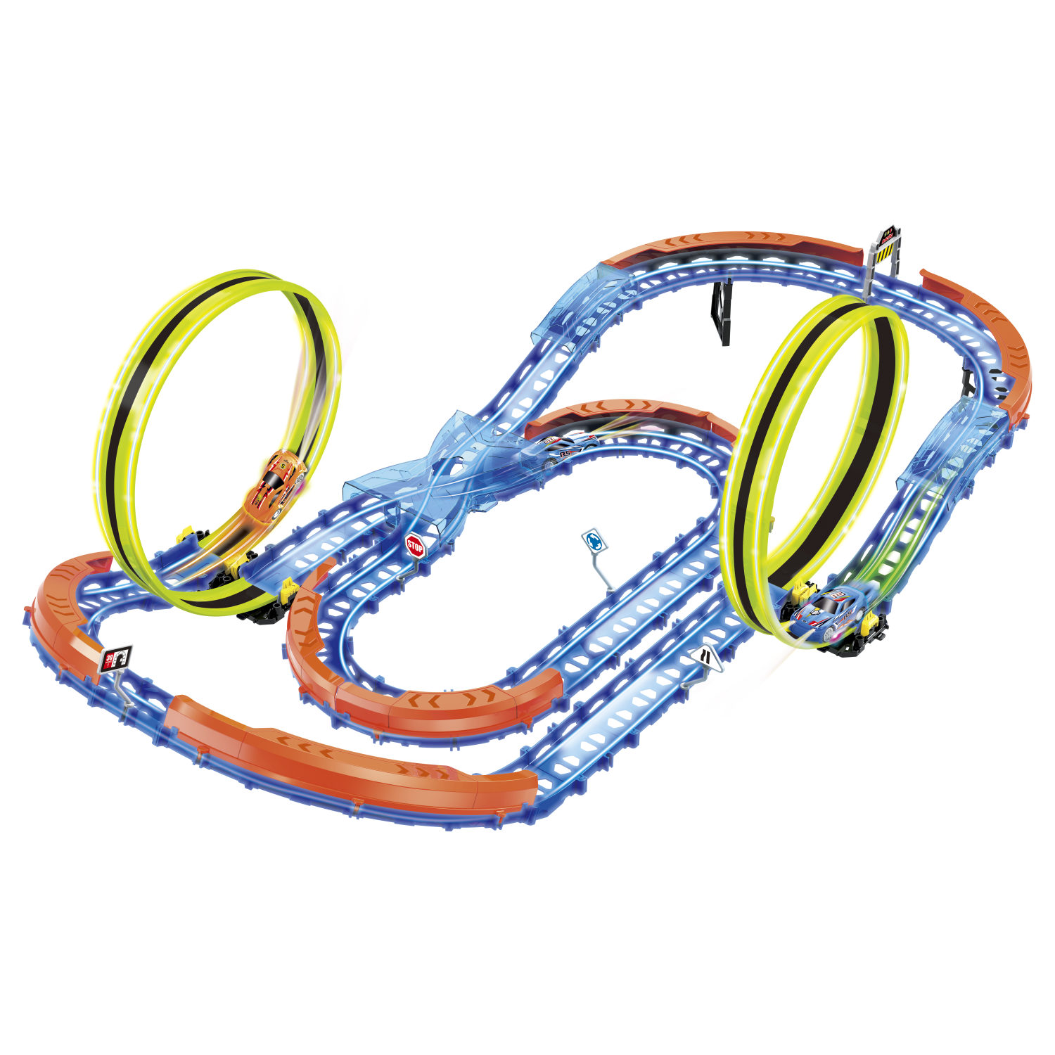 Гоночный автотрек с машинкой на пульте управления 1TOY Neotrack, дорога автомобильная, трасса, гибкий трек светящийся, 57 деталей