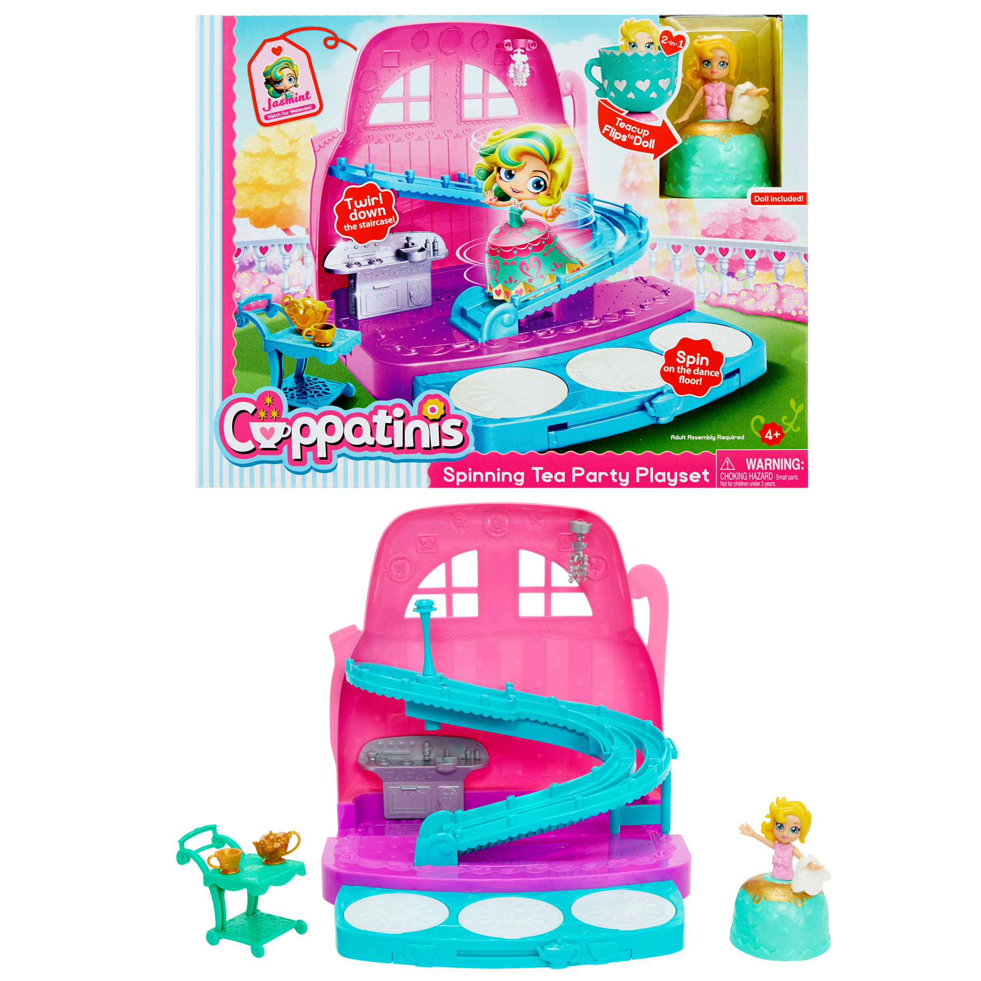Игр.наб.кукла Cuppatinis 10 см. с юбочкой, трансформирующейся в чайную чашку и конструкция в виде спуска с элементом вращения, выдвижным танцполом с 3