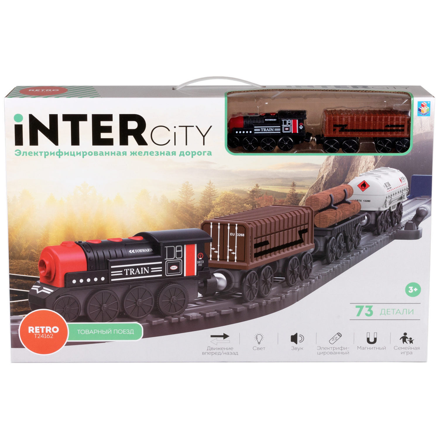 Детская железная дорога с электропоездом 1TOY InterCity, со светом, звуком, паровоз на рельсах, в подарочном наборе, 73 детали