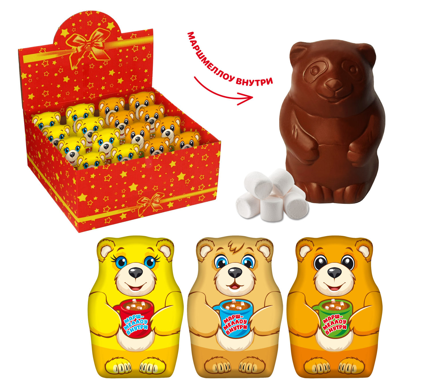 Мишка из шоколадной глазури с маршмеллоу внутри, блок 16 шт. (35г х 16 х 6)