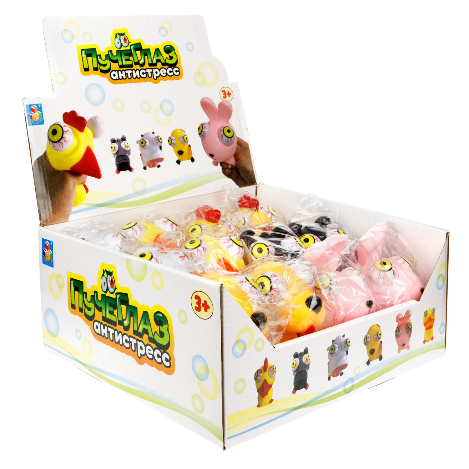 1toy Пучеглаз-антистресс "Животные" 8,4х7,6х9,6см, 6 видов в асс., 12 шт. в д/б