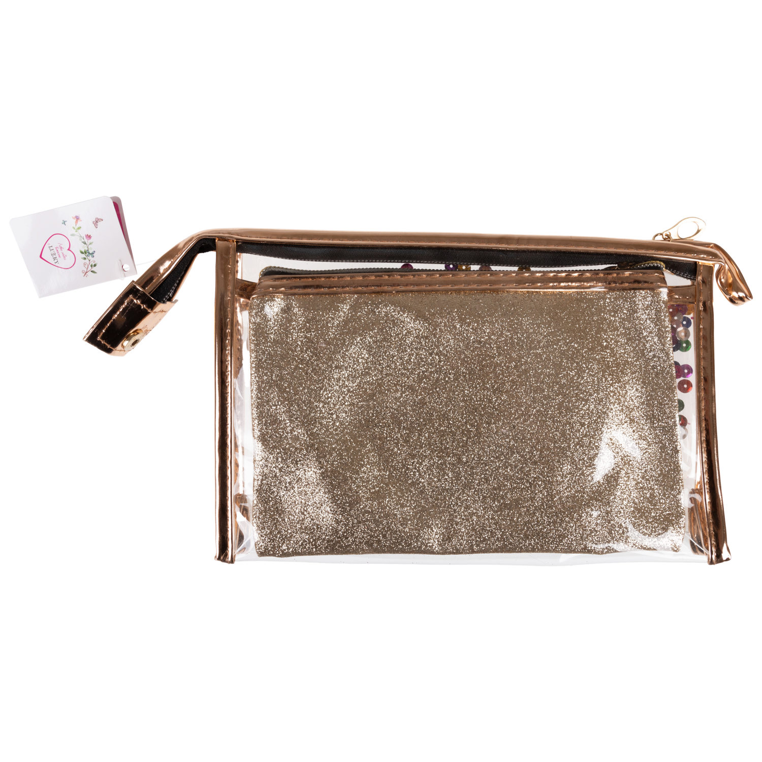 Набор из косметичек 3в1 Lukky Glam Trio прозрачная с подвижными блестками (23.5*14*7 см), средняя и маленькая из блестящей искусственной кожи