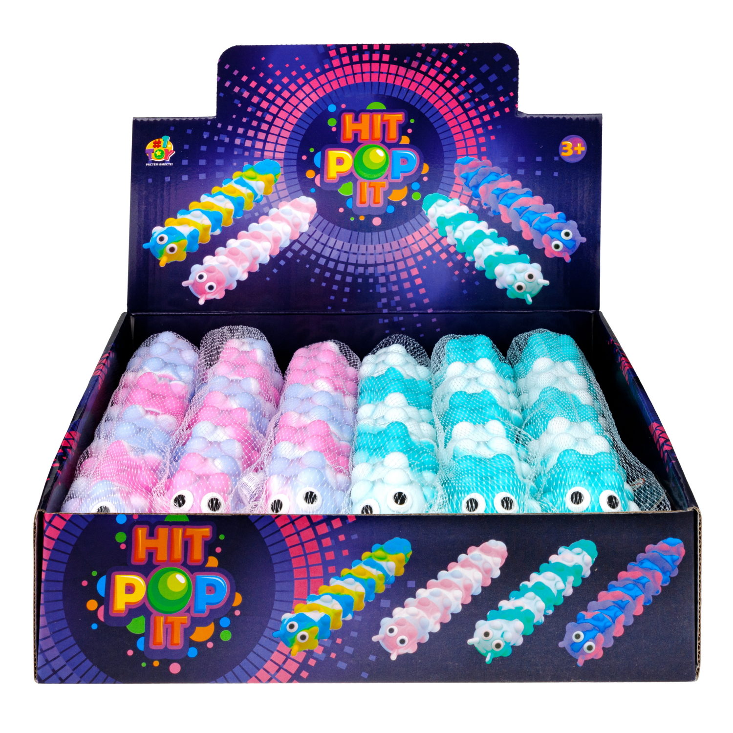 1toy Жмяка Hit Pop It "Гусеница" на присосках 26,5х4,8х3,8 см, 4 вида, 12 шт. в д/б