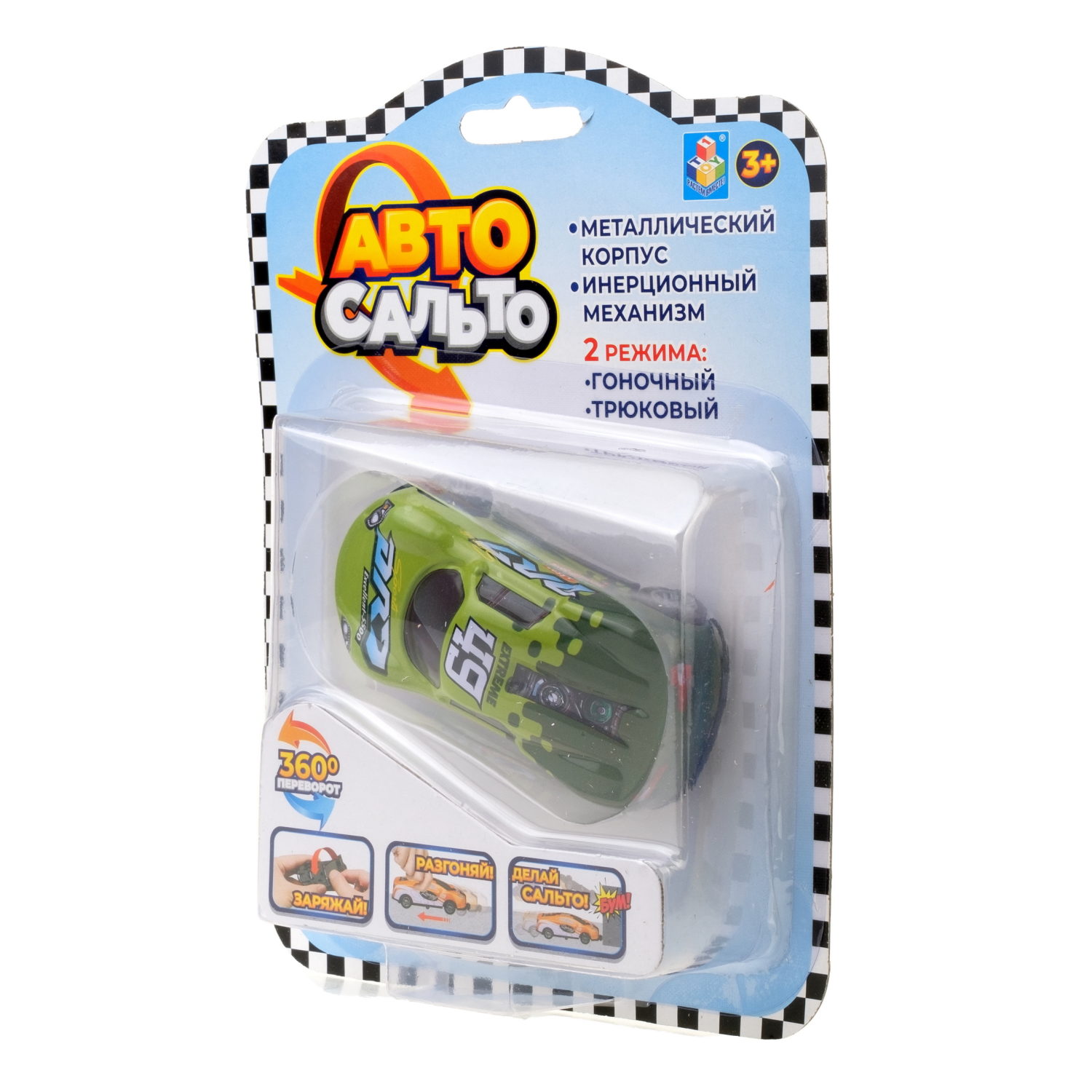 1Toy Авто Сальто, металлическая машинка прыгающая, инерц., 9 см, 1 шт, блистер (в ассорт. 8 видов)