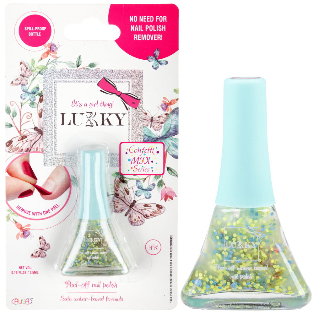Детский лак для ногтей на водной основе с блестками Lukky, Конфетти-Микс, безопасный, микс голобой, золотистый со звёздочками, блистер, 5,5 мл