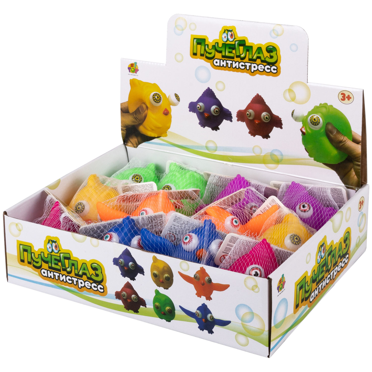 1TOY Пучеглаз-антистресс "Птицы" 7х6x5 см, 6 цветов в ассортименте