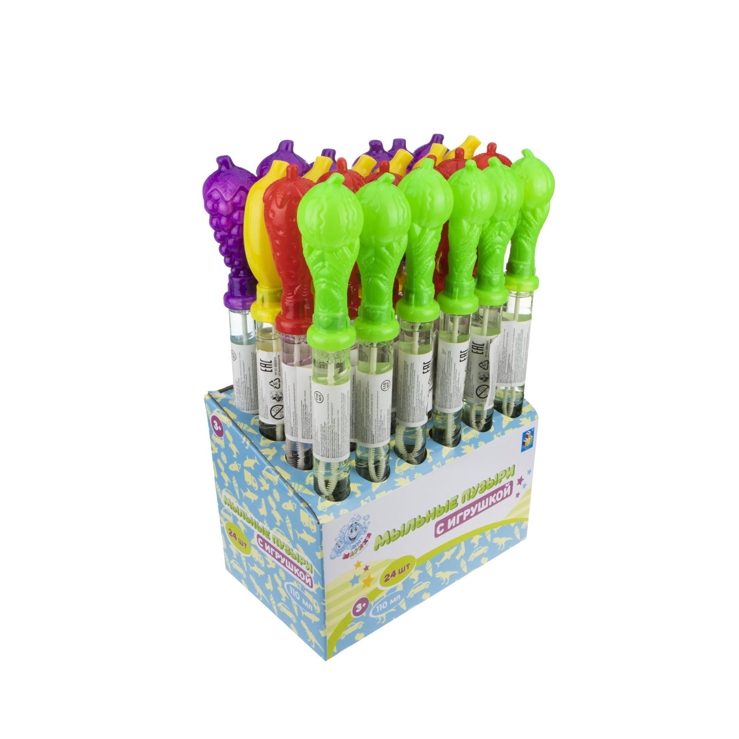 Мыльные пузыри с игрушкой 1TOY Мы-шарики! Фрукты, 110 мл, 4 цвета в ассортименте