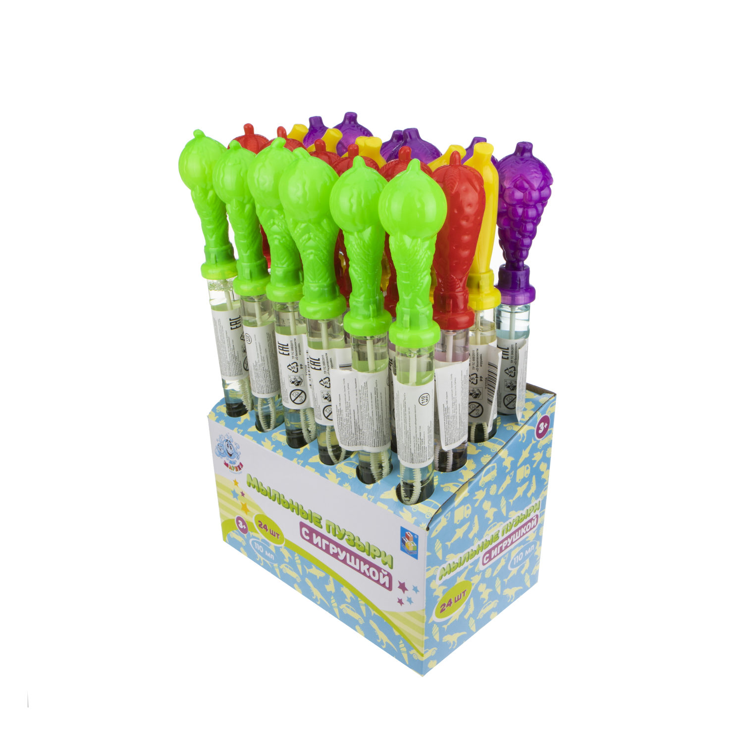 Мыльные пузыри с игрушкой 1TOY Мы-шарики! Фрукты, 110 мл, 4 цвета в ассортименте