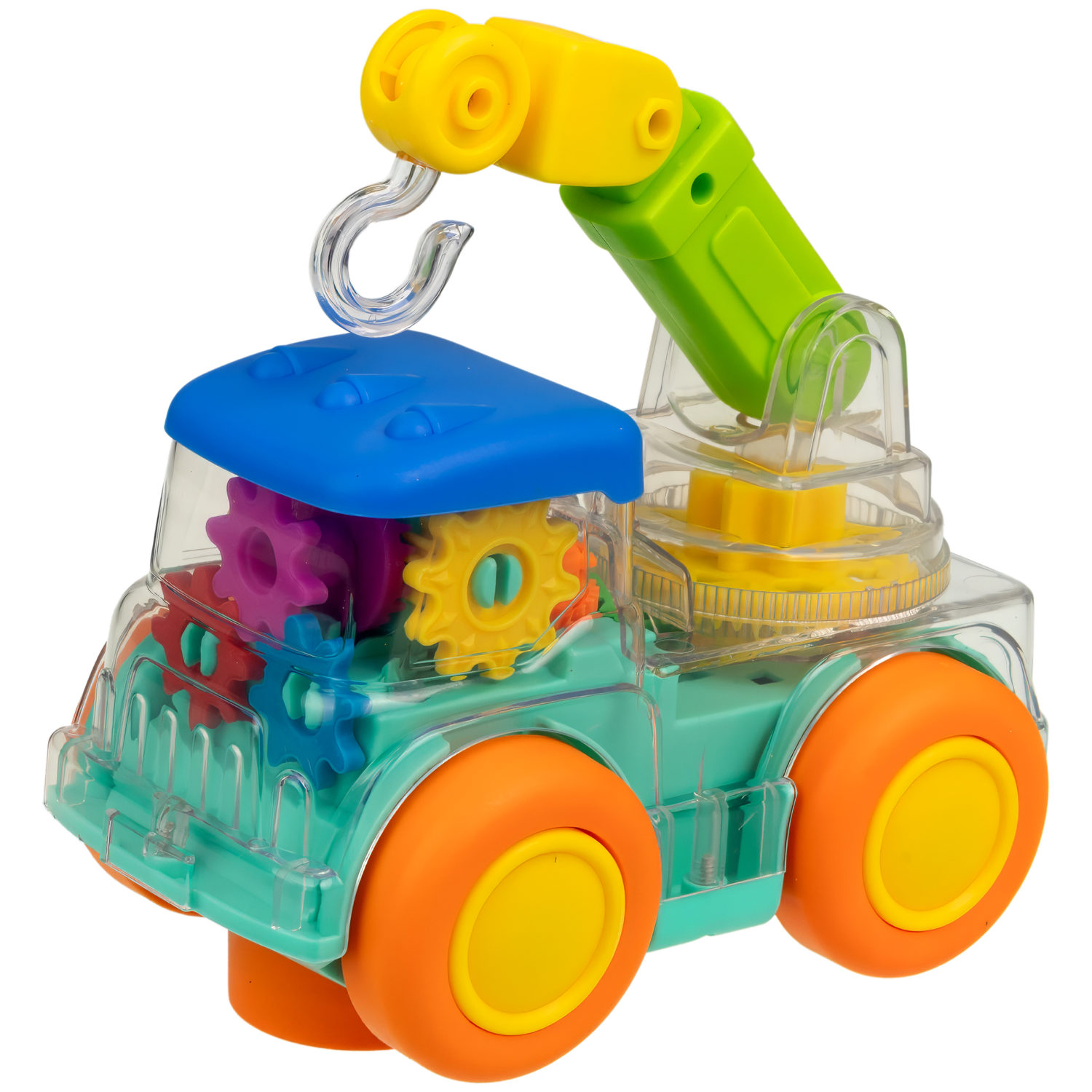Машинка 1TOY Движок «Автокран», спецтехника, прозрачная с шестеренками, со светом и звуком, 1 шт.
