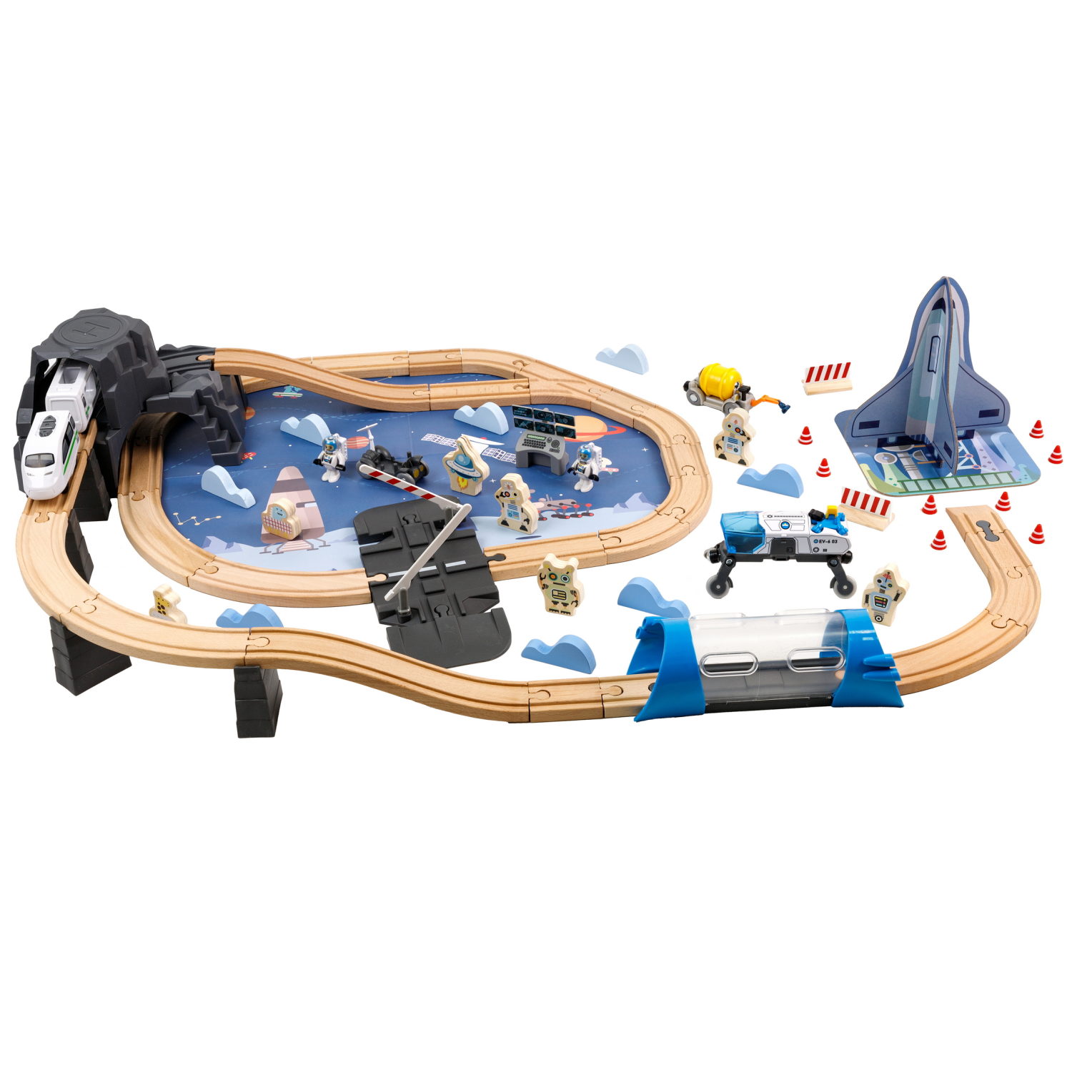 Деревянная железная дорога 1TOY GOODOK "Космопорт" с электропоездом и аксессуарами, 89 деталей